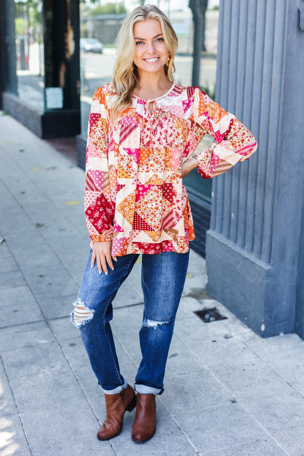 Rust & Magenta Patchwork Print Front Tie Boho Top - Coeur de la Mode