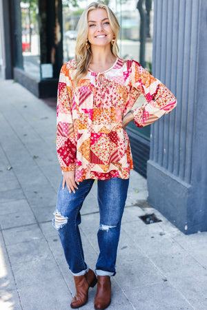 Rust & Magenta Patchwork Print Front Tie Boho Top - Coeur de la Mode