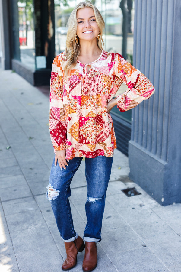 Rust & Magenta Patchwork Print Front Tie Boho Top - Coeur de la Mode
