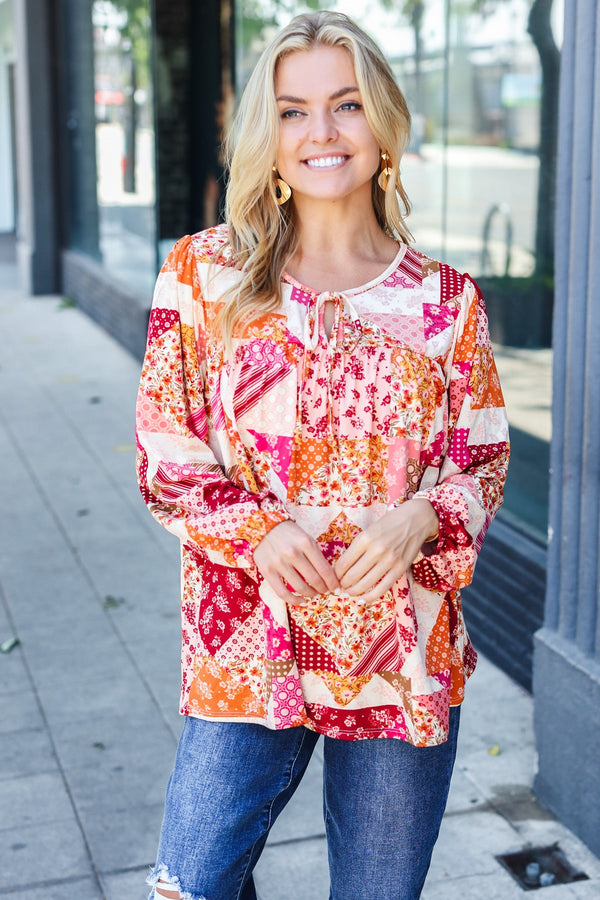 Rust & Magenta Patchwork Print Front Tie Boho Top - Coeur de la Mode