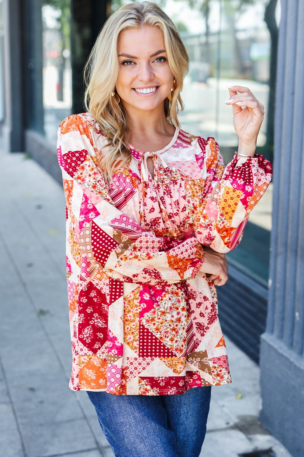 Rust & Magenta Patchwork Print Front Tie Boho Top - Coeur de la Mode