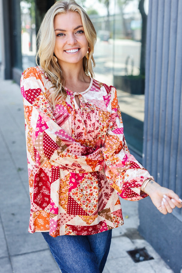 Rust & Magenta Patchwork Print Front Tie Boho Top - Coeur de la Mode