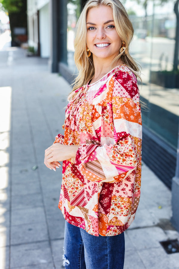 Rust & Magenta Patchwork Print Front Tie Boho Top - Coeur de la Mode