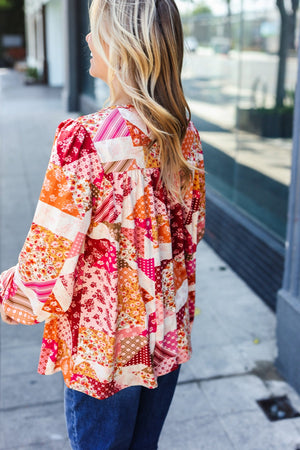 Rust & Magenta Patchwork Print Front Tie Boho Top - Coeur de la Mode