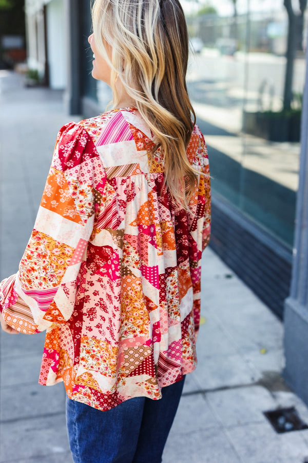 Rust & Magenta Patchwork Print Front Tie Boho Top - Coeur de la Mode