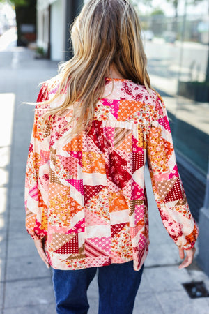 Rust & Magenta Patchwork Print Front Tie Boho Top - Coeur de la Mode