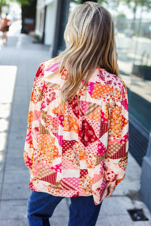 Rust & Magenta Patchwork Print Front Tie Boho Top - Coeur de la Mode