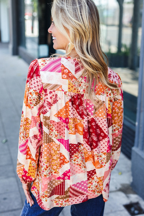 Rust & Magenta Patchwork Print Front Tie Boho Top - Coeur de la Mode
