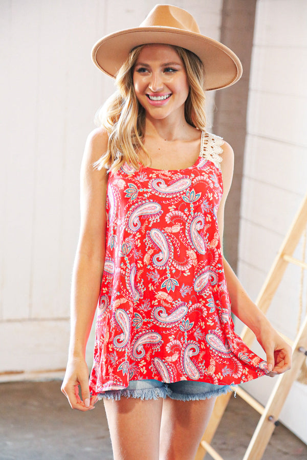 Coral Paisley Scallop Crochet Strap Tank Top - Coeur de la Mode