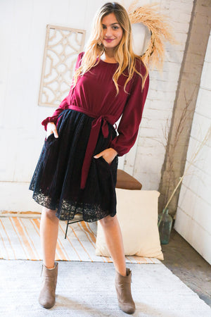 Maroon & Black Lace Overlay Sash Tie Dress - Coeur de la Mode