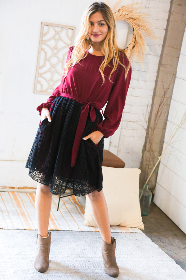 Maroon & Black Lace Overlay Sash Tie Dress - Coeur de la Mode