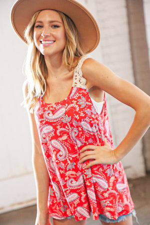 Coral Paisley Scallop Crochet Strap Tank Top - Coeur de la Mode