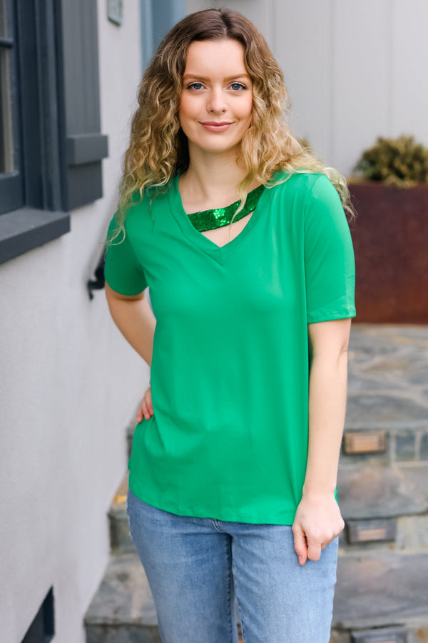 Saint Patrick Asymmetrical Sequin Banded V Neck Top - Coeur de la Mode
