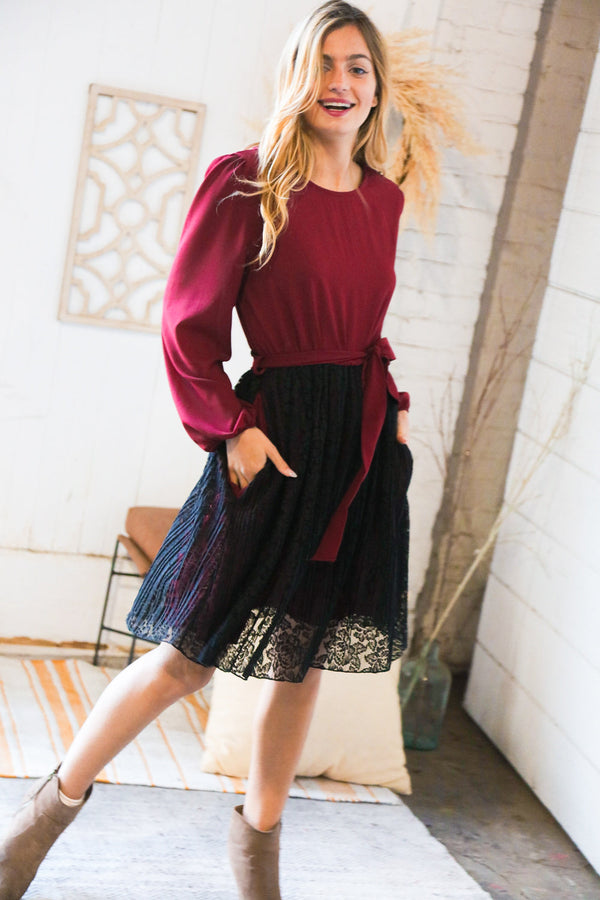 Maroon & Black Lace Overlay Sash Tie Dress - Coeur de la Mode