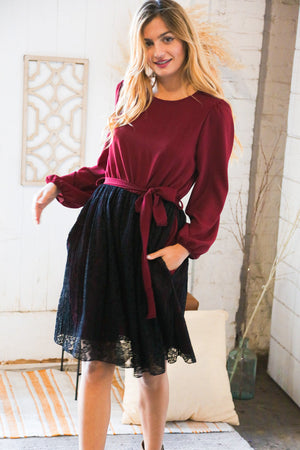 Maroon & Black Lace Overlay Sash Tie Dress - Coeur de la Mode