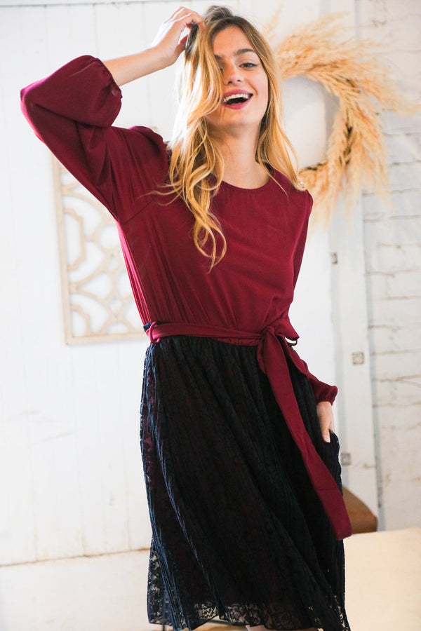 Maroon & Black Lace Overlay Sash Tie Dress - Coeur de la Mode