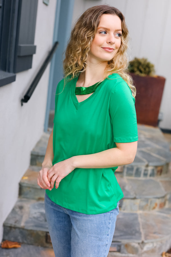 Saint Patrick Asymmetrical Sequin Banded V Neck Top - Coeur de la Mode