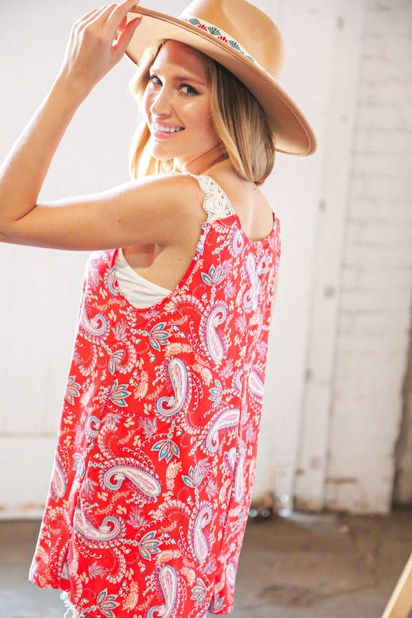 Coral Paisley Scallop Crochet Strap Tank Top - Coeur de la Mode