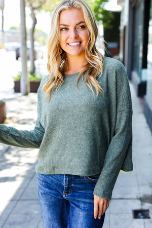 Olive Ribbed Dolman Cropped Sweater - Coeur de la Mode