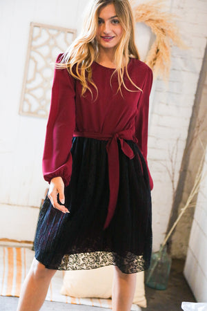 Maroon & Black Lace Overlay Sash Tie Dress - Coeur de la Mode