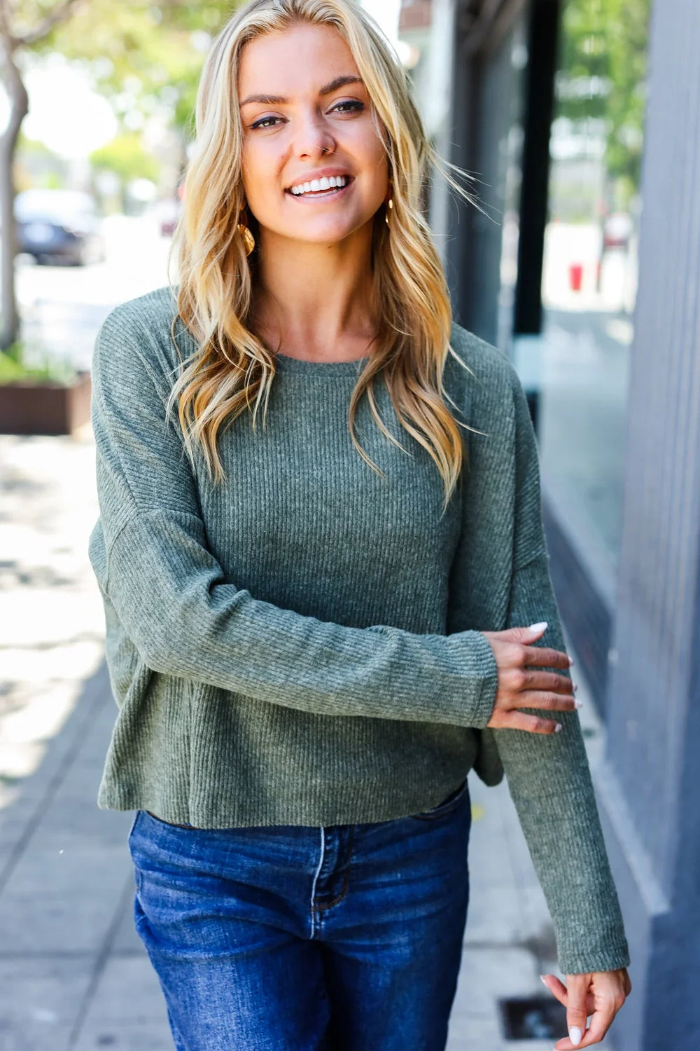 Olive Ribbed Dolman Cropped Sweater - Coeur de la Mode