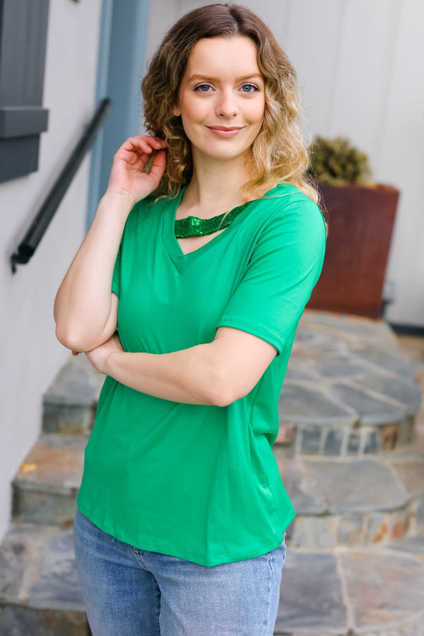 Saint Patrick Asymmetrical Sequin Banded V Neck Top - Coeur de la Mode