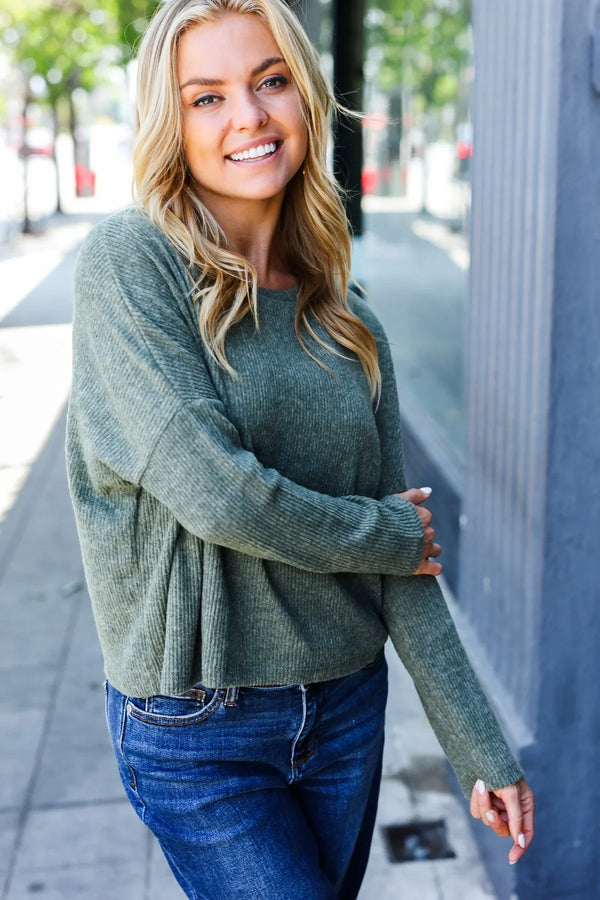 Olive Ribbed Dolman Cropped Sweater - Coeur de la Mode