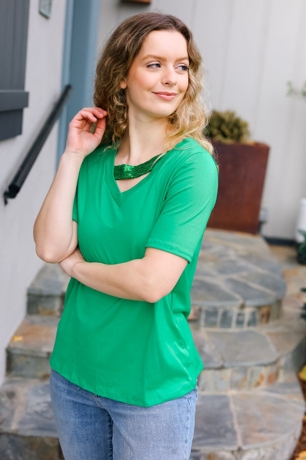 Saint Patrick Asymmetrical Sequin Banded V Neck Top - Coeur de la Mode