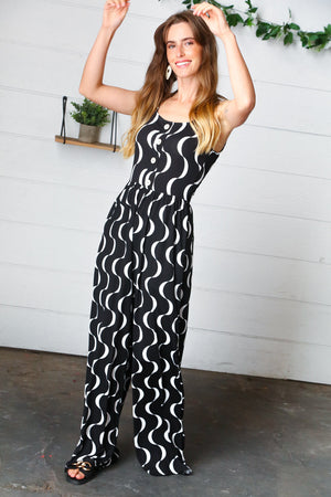Black Abstract Wave Button Jumpsuit - Coeur de la Mode