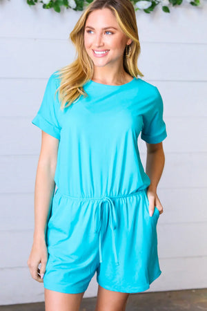 Ice Blue Brushed Knit Elastic Waist Pocketed Romper - Coeur de la Mode