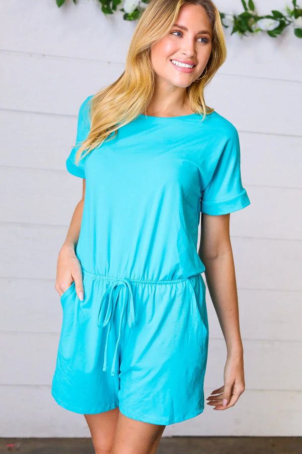 Ice Blue Brushed Knit Elastic Waist Pocketed Romper - Coeur de la Mode