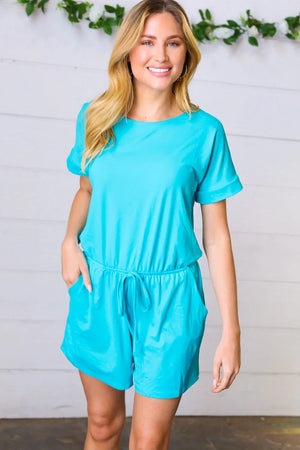 Ice Blue Brushed Knit Elastic Waist Pocketed Romper - Coeur de la Mode