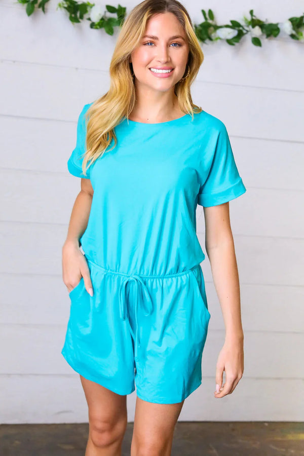 Ice Blue Brushed Knit Elastic Waist Pocketed Romper - Coeur de la Mode