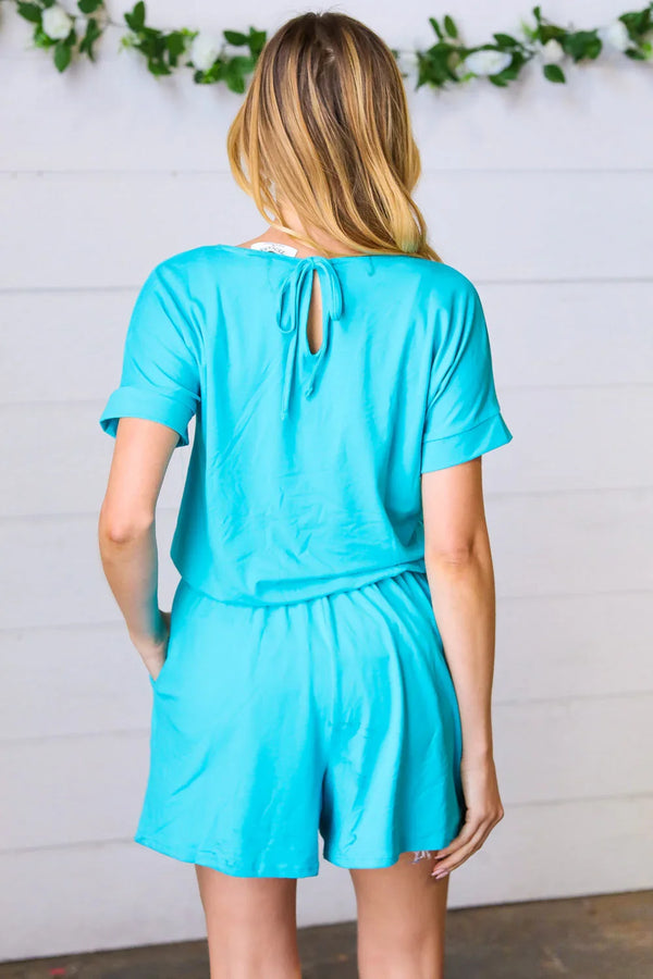 Ice Blue Brushed Knit Elastic Waist Pocketed Romper - Coeur de la Mode