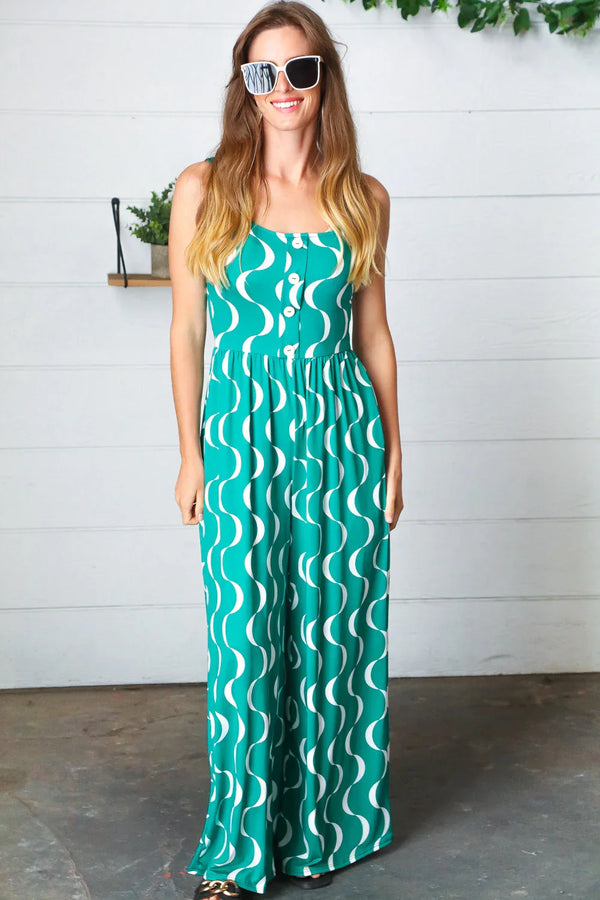 Kelly Green Abstract Wave Button Jumpsuit - Coeur de la Mode