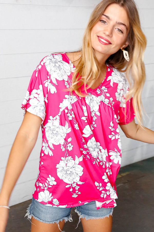 Fuchsia Floral V Neck Dolman Top - Coeur de la Mode