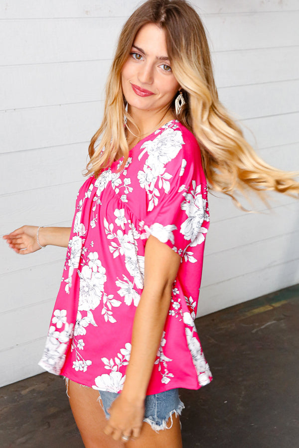 Fuchsia Floral V Neck Dolman Top - Coeur de la Mode