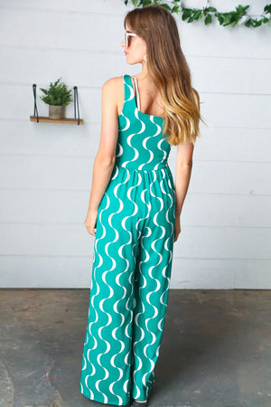 Kelly Green Abstract Wave Button Jumpsuit - Coeur de la Mode