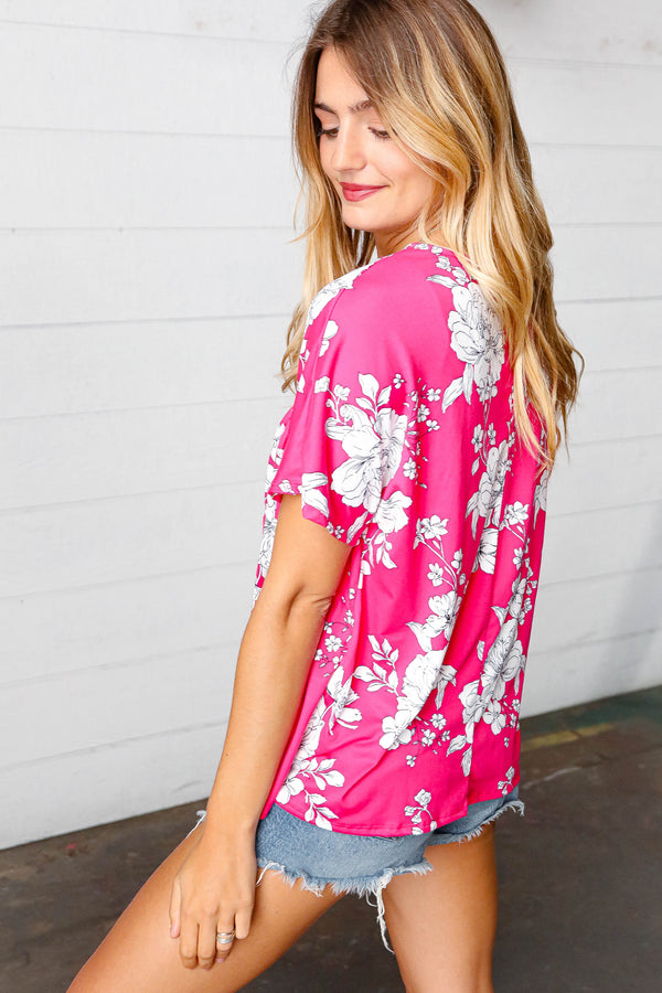 Fuchsia Floral V Neck Dolman Top - Coeur de la Mode