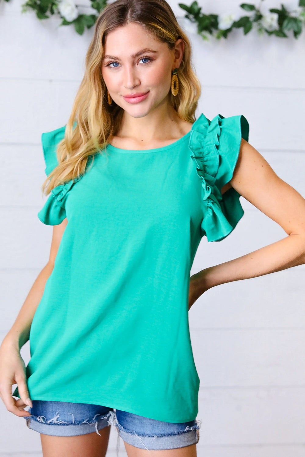Kelly Green Double Ruffle Sleeve Crinkle Top - Coeur de la Mode