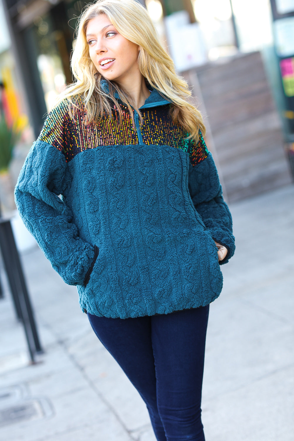 Going With You Teal Sequin & Sherpa Half Zip Pullover