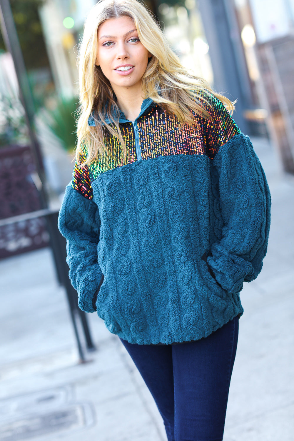 Going With You Teal Sequin & Sherpa Half Zip Pullover