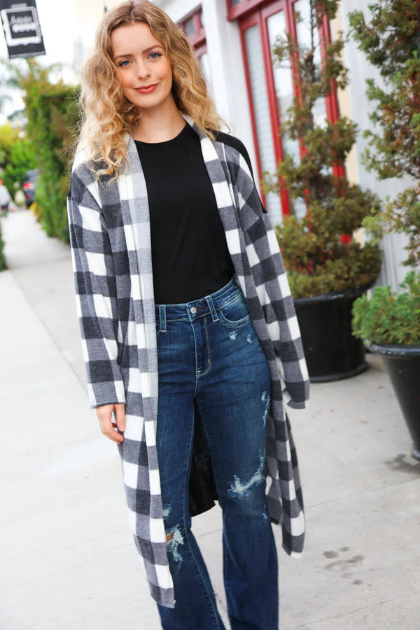 Get To Know You Black Buffalo Plaid Hacci Cardigan - Coeur de la Mode