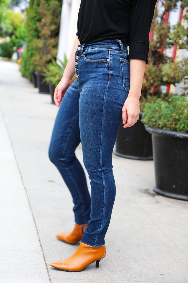 Stand Out Dark Denim High Rise Skinny Fit Button Fly Jeans - Coeur de la Mode