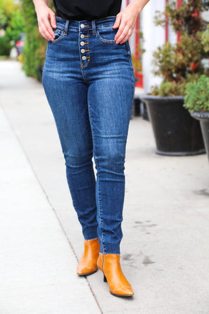 Stand Out Dark Denim High Rise Skinny Fit Button Fly Jeans - Coeur de la Mode