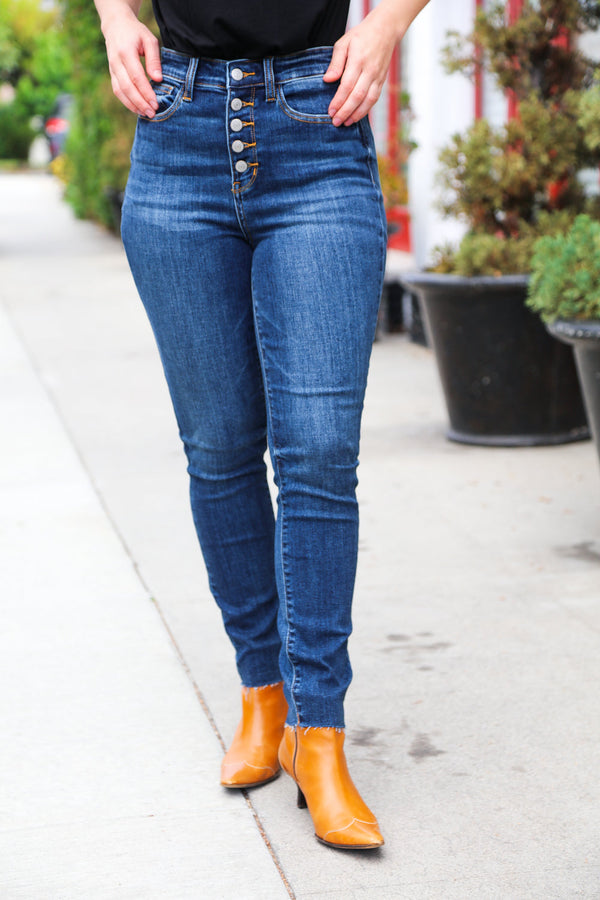 Stand Out Dark Denim High Rise Skinny Fit Button Fly Jeans - Coeur de la Mode