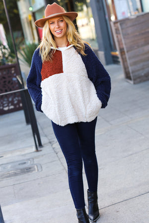 Seize The Day Navy & Taupe Quarter Zip Sherpa Pullover - Coeur de la Mode