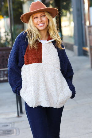 Seize The Day Navy & Taupe Quarter Zip Sherpa Pullover - Coeur de la Mode