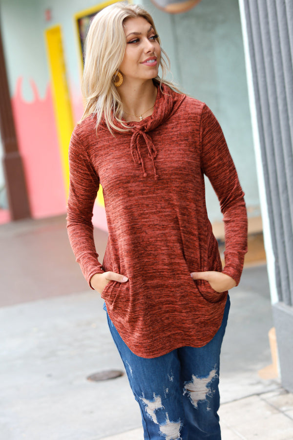 Rust Marled Cowl Neck Pocketed Top - Coeur de la Mode