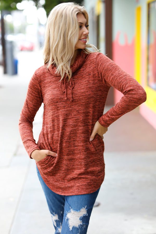 Rust Marled Cowl Neck Pocketed Top - Coeur de la Mode